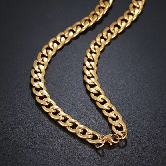 Gold Flat Curb Chain Necklace 9mm thick 20 inches long - Picture 3 of 5